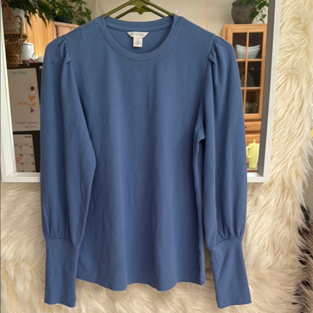 Caslon Ribbed Knit Puff Sleeve Top Blue XS - Picture 1 of 4